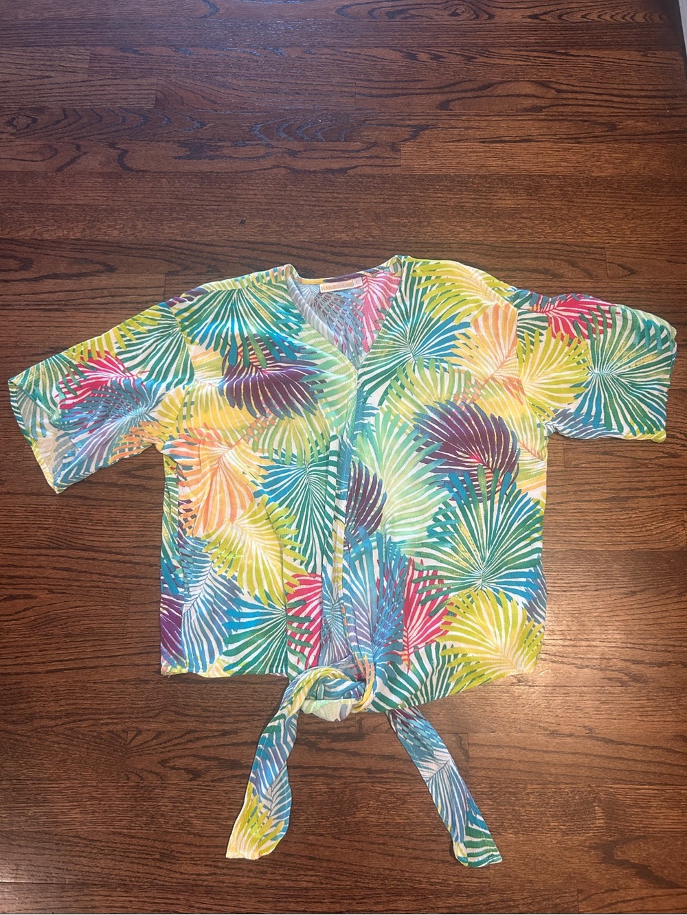 Multicolor Tropical Palm Tie-Front Blouse - Women